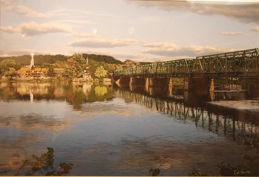 Bridge Mixed Media - view of lampbertville from New Hope PA by Carl Woerner