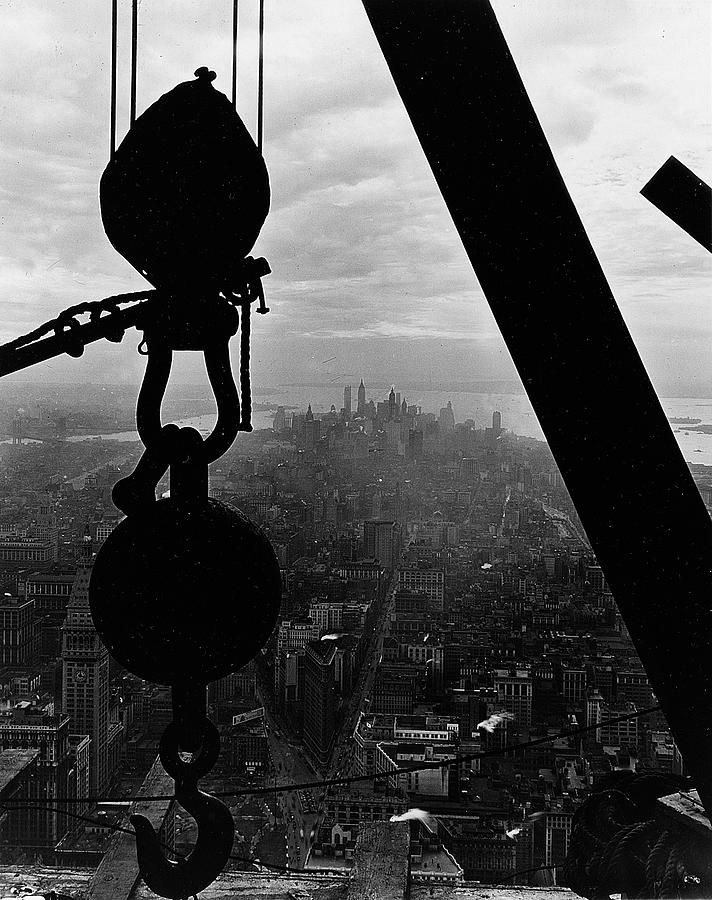 Crane Photograph - View of Lower Manhattan from the Empire State Building by LW Hine