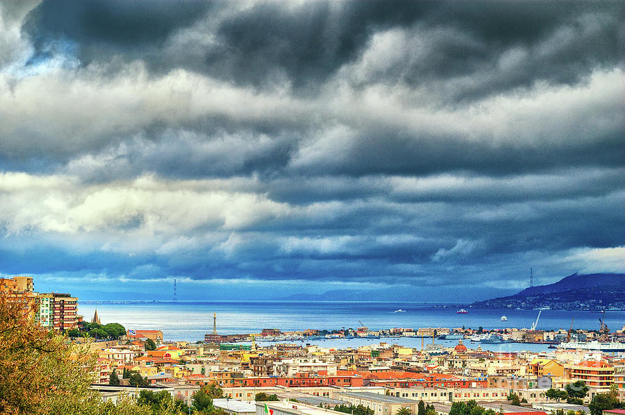 City Photograph - View of Messina Strait Sicily with dramatic sky by Silvia Ganora