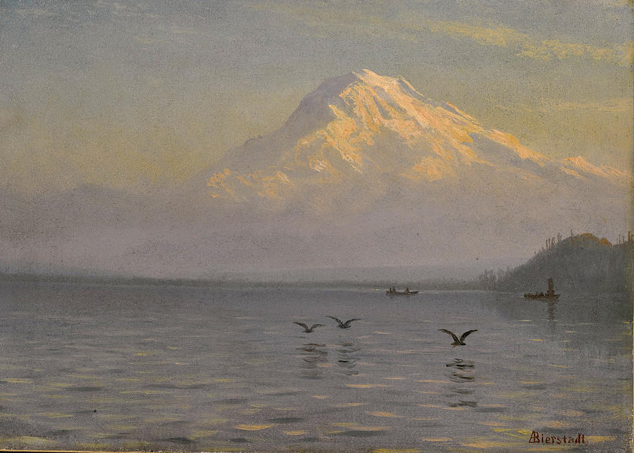 View of Mount Rainier with Fishermen Painting by Albert Bierstadt