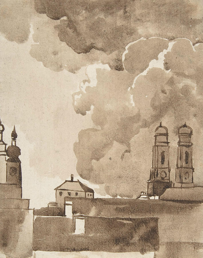 View of Munich with Marienkirche on right Drawing by Franz Kobell