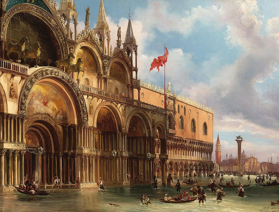 View of Piazza San Marco, Venice with the Acqua Alta Painting by Federico Moja