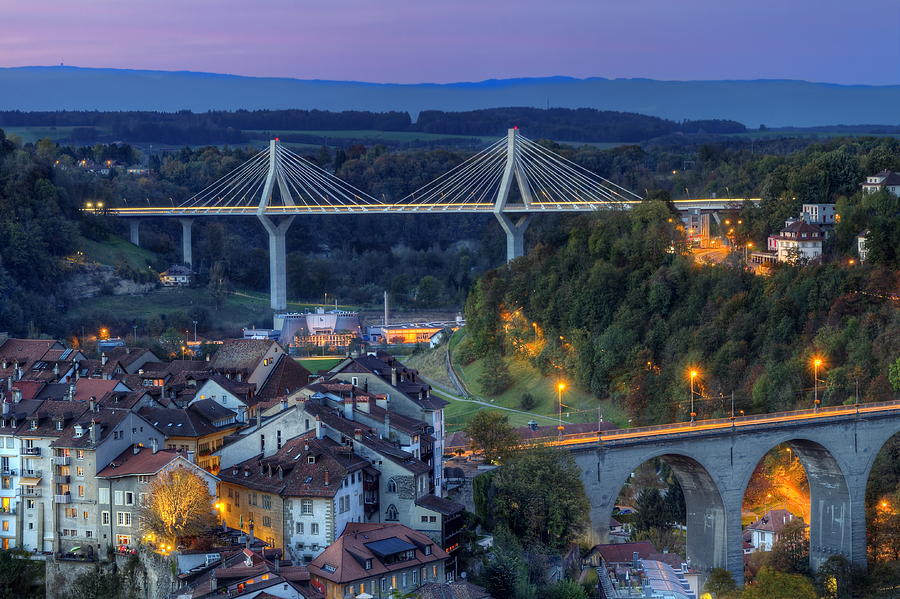 View of Poya and Zaehringen bridge, Fribourg, Switzerland, HDR Photograph by Elenarts - Elena Duvernay photo