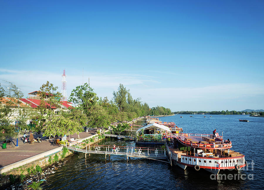 View Of River Boat Restaurants In Kampot Town Cambodia Photograph by JM Travel Photography