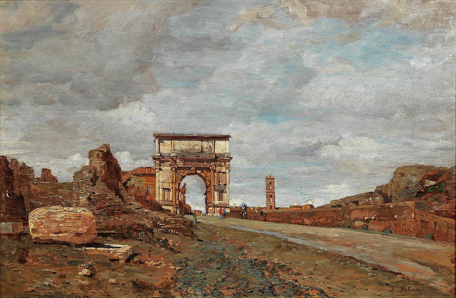 View of the Arch of Titus Vespasian and surrounding ruins in the Forum Romanum Painting by Tina Blau