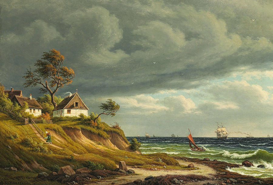 View of the fishing village Sletten Painting by Christian Kiaerskou