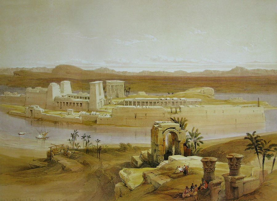 View of the Island of Philae with Isis Temple and Trajans Kiosk, in the Nile, Nubia Painting by David Roberts