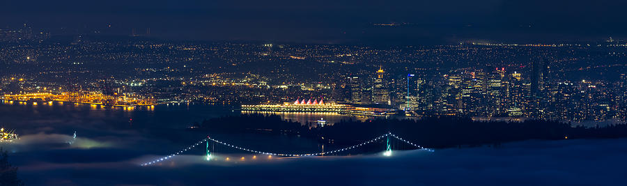View of the Lions Gate Bridge and downtown Vancouver in the Fog Photograph by Michael Russell