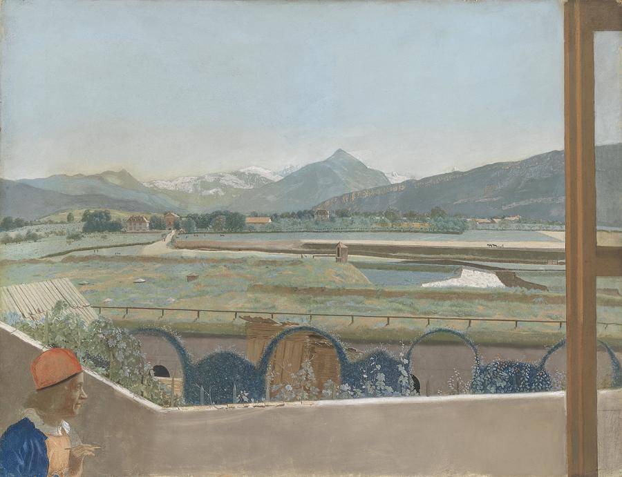 View of the Mont Blanc massif from the studio of the artist in Geneva, with self portrait, Jean-Etie Painting by Celestial Images