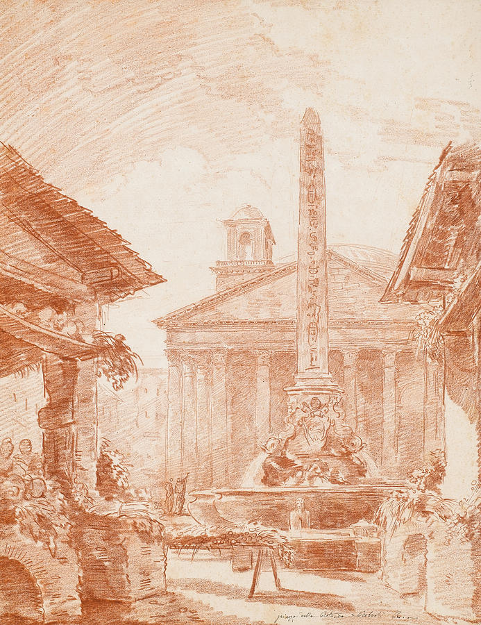 Architecture Drawing - View of the Piazza della Rotonda in Rome with the Tritons fountain and the Pantheon facade by Hubert Robert