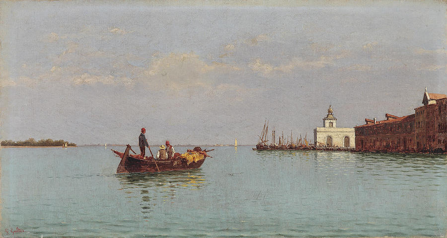 View of the Punta della Dogana with a gondola in the foreground Painting by Pietro Galter