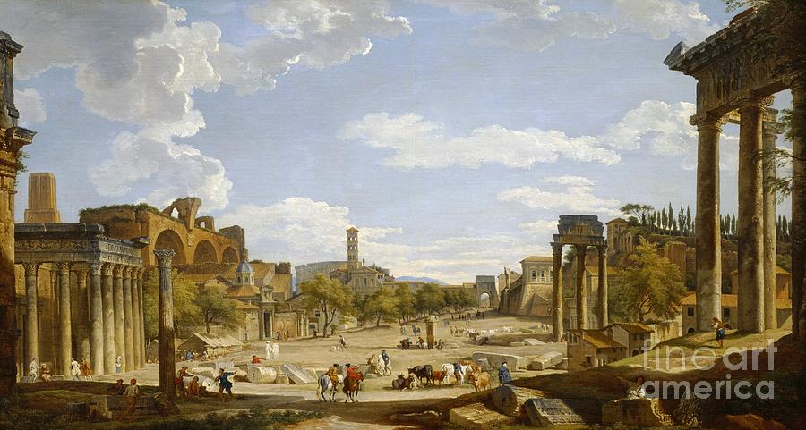 Architecture Painting - View of the Roman Forum by Giovanni Paolo Panini