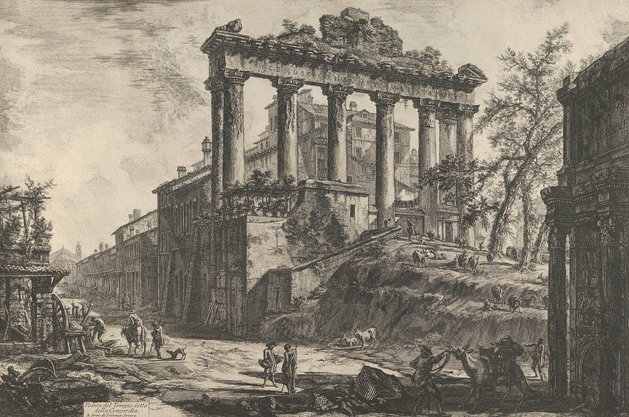 View of the so-called Temple of Concord with the Temple of Saturn, on the right the Arch of Septimiu Relief by Giovanni Battista Piranesi