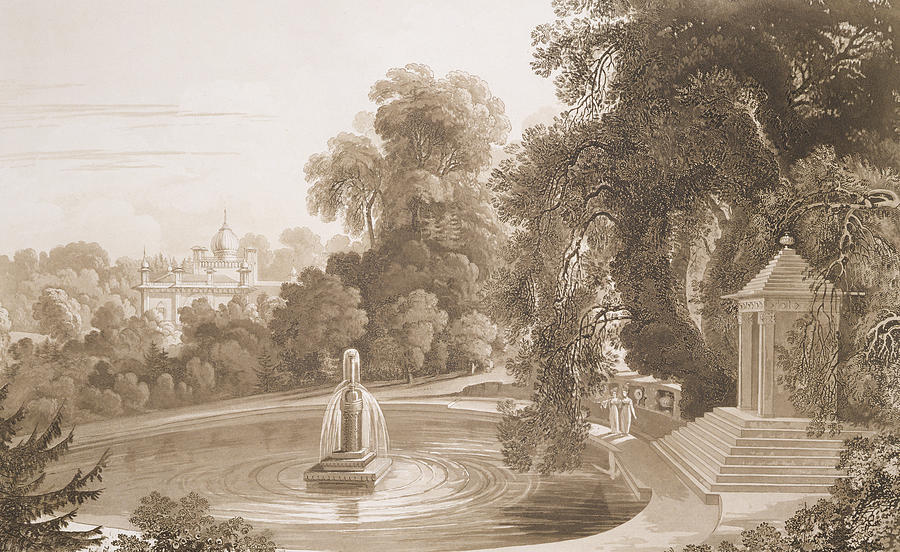 Fountain Drawing - View of the Temple of Suryah and the Fountain of Mahah Doo by John Martin Fountain Drawing - View of the Temple of Suryah and the Fountain of Mahah Doo by John Martin