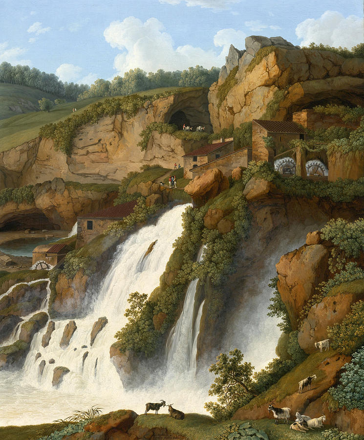 View of the waterfall at Anitrella with goats grazing nearby Painting by Jacob Philipp Hackert