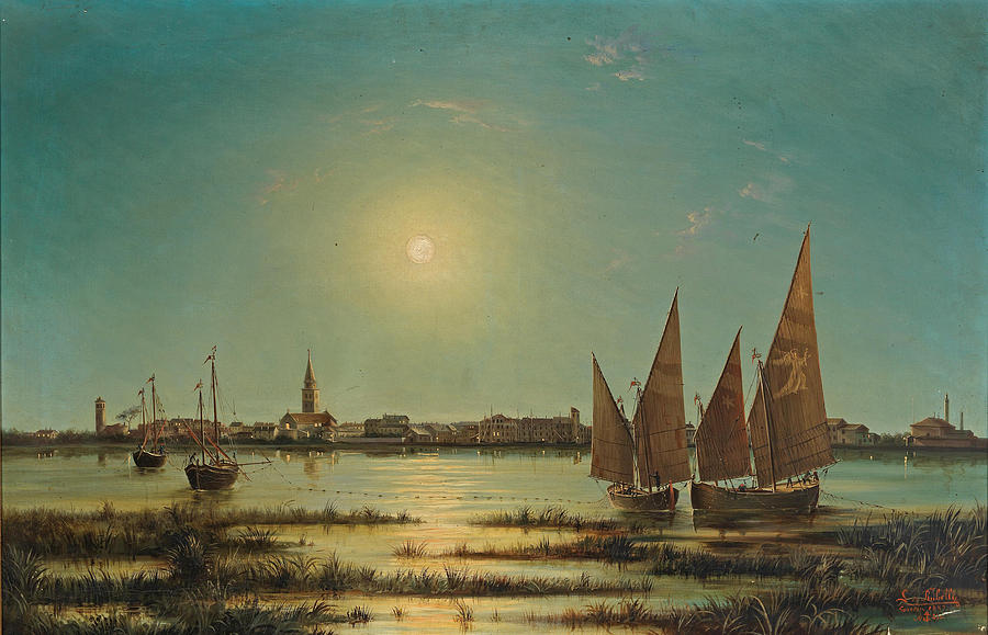 View of Venice in the Moonlight  Painting by Ludwig Rubelli von Sturmfest