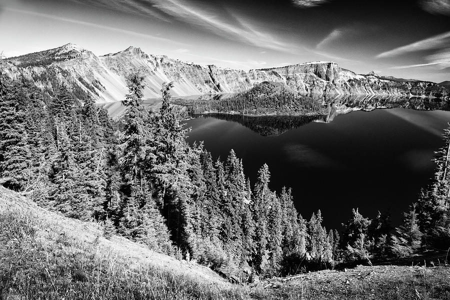View Of Wizard Island Crater Lake B W Photograph