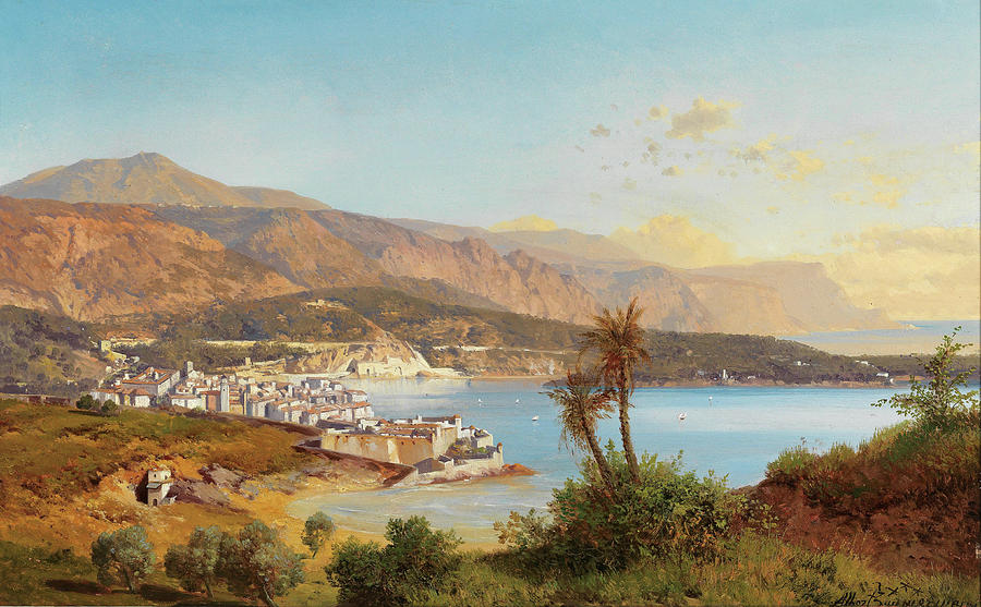 View over the Bay of Villefranche-sur-Mer with the Tete de Chien by Monaco in the background Painting by Albert Zimmermann