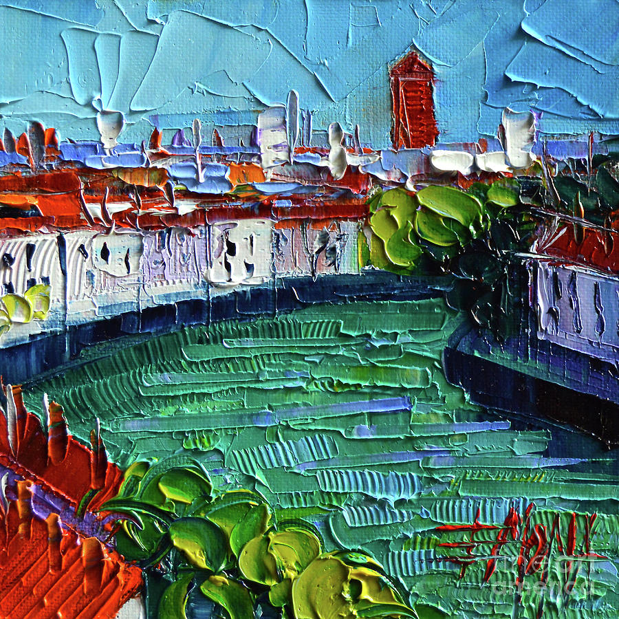 VIEW OVER THE SAONE RIVER - modern impressionist stylized cityscape Painting by Mona Edulesco
