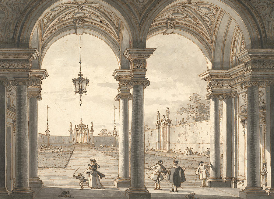 View through a Baroque Colonnade into a Garden Drawing by Canaletto