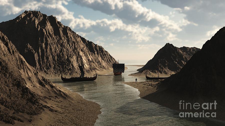 Fantasy Digital Art - Viking Longships in an Icelandic Inlet by Fairy Fantasies