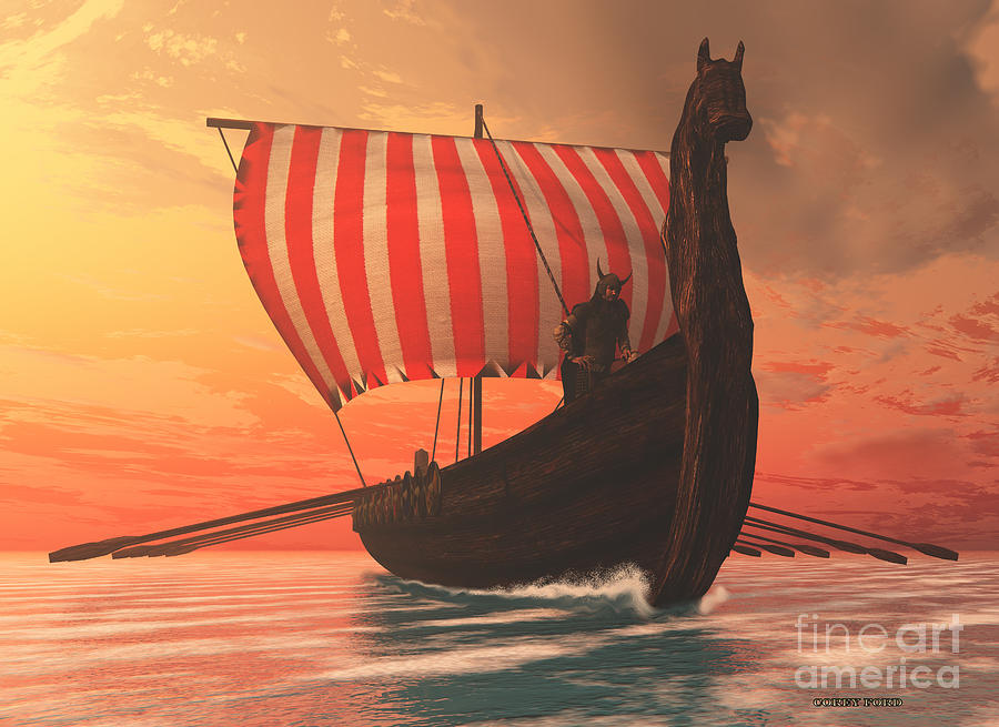 Viking Man And Longship Painting