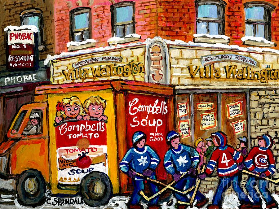 Villa Wellington Verdun Montreal Winter Scene Hockey Art  Campbell Soup Truck Canadian Artist Painting by Carole Spandau