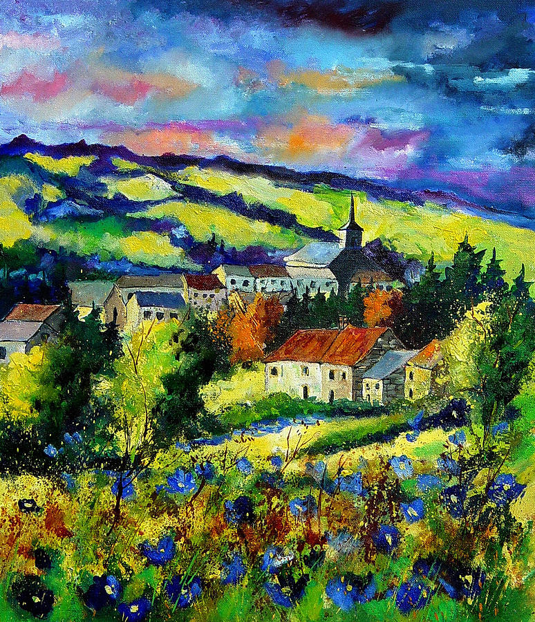 Village and blue poppies  Painting by Pol Ledent
