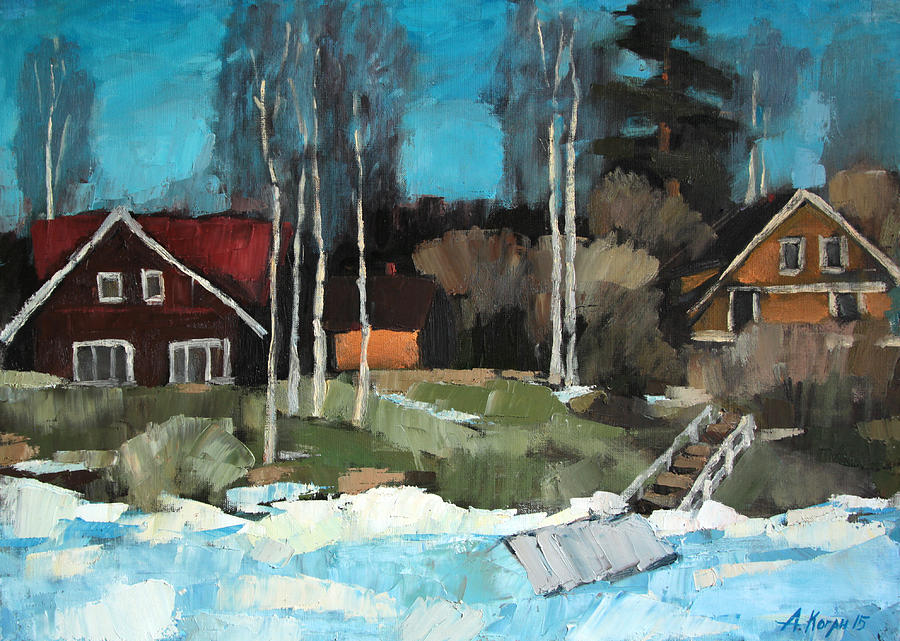 Landscape Painting - Village at the coast by Alena Kogan