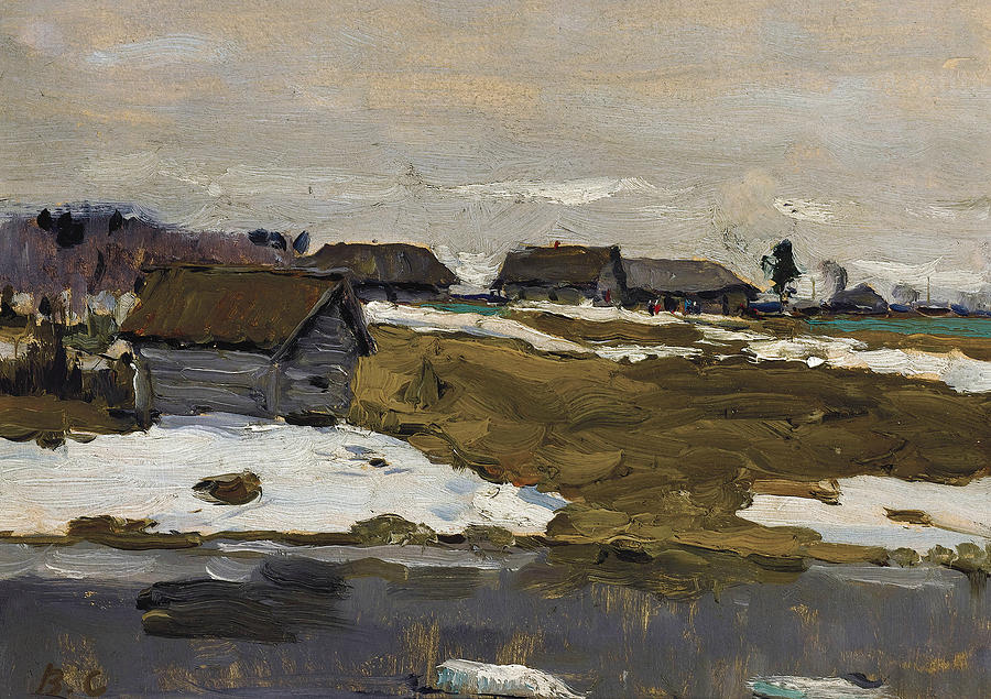 Village by the Water in Winter Painting by Valentin Serov