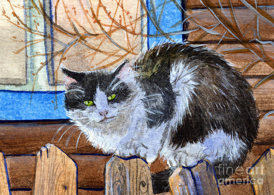 Village Cat sitting on the fence 253 Painting by Svetlana Ledneva-Schukina