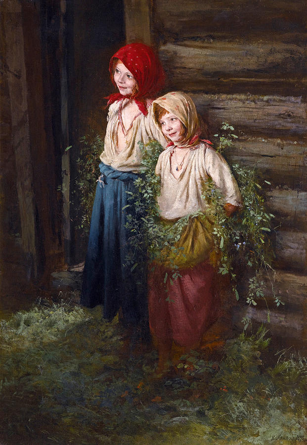 Village Girls Painting by Kirill Vikentevich Lemokh