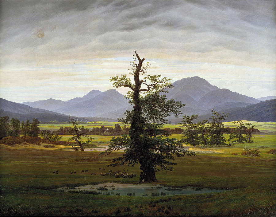 Caspar David Friedrich Painting - Village Landscape in Morning Light, The Lone Tree by Caspar David Friedrich