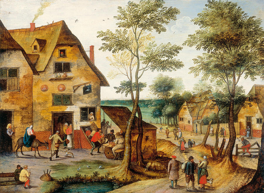 Village landscape with the Virgin Mary and St. Joseph Painting by Pieter Brueghel the Younger