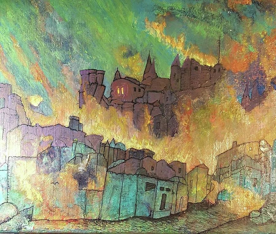 Village on fire Drawing by Cynthia Silverman