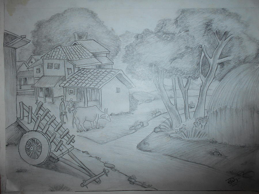 Artwork Of Village Scenery Drawing by Soumen Roy - Fine Art America