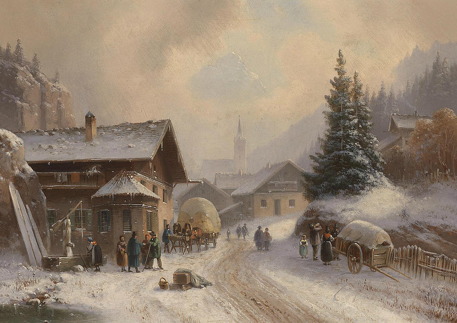 Village street in winter Painting by Anton Doll
