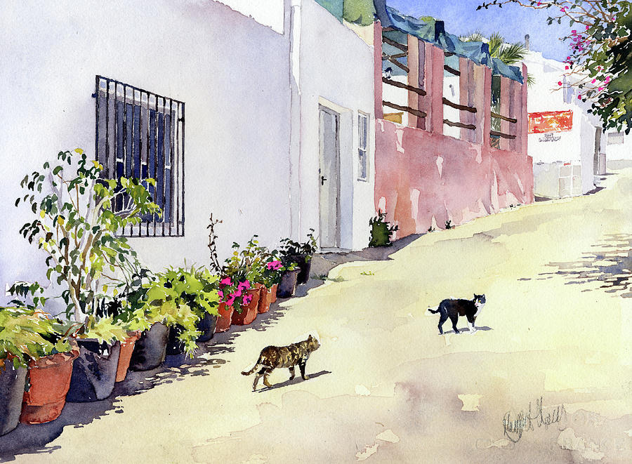 Village Street With Cats In Hortichuelas Painting by Margaret Merry