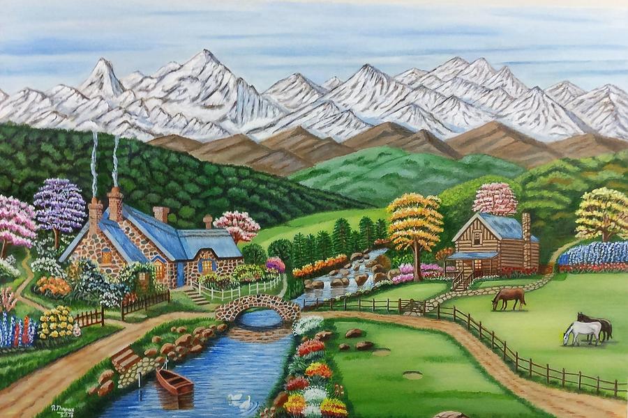 Wall Art Print, Village under the Mountains Vibrant Painting