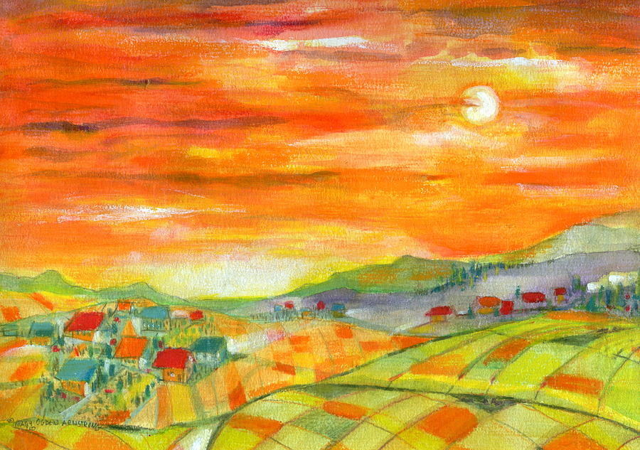 Villages and sunset Painting by Mary Armstrong