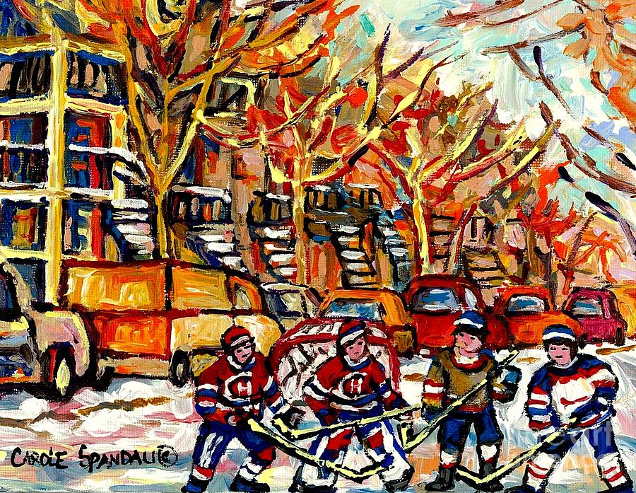 Villeneuve Steps Street Hockey Montreal Memories Row Houses Winter City Scene Canadian Hockey Art Painting by Carole Spandau