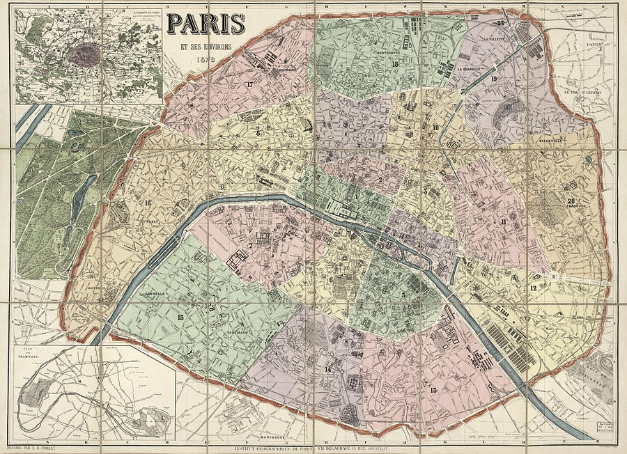 Vinage Map Of Paris France - 1878 Drawing