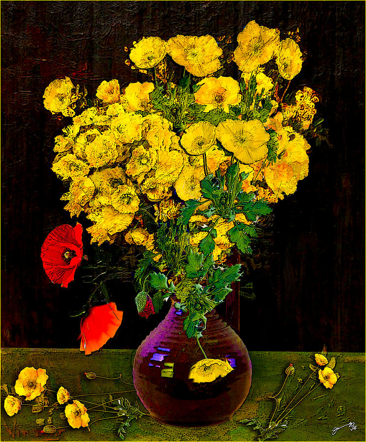 Poppy Drawing - Vincents Flowers - Vase with Viscaria Poppy Flowers by Jose A Gonzalez Jr