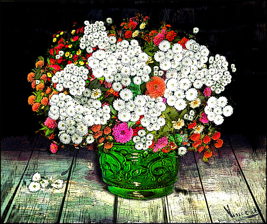 Vincents Flowers - Vase With Zinnias And Other Flowers Drawing