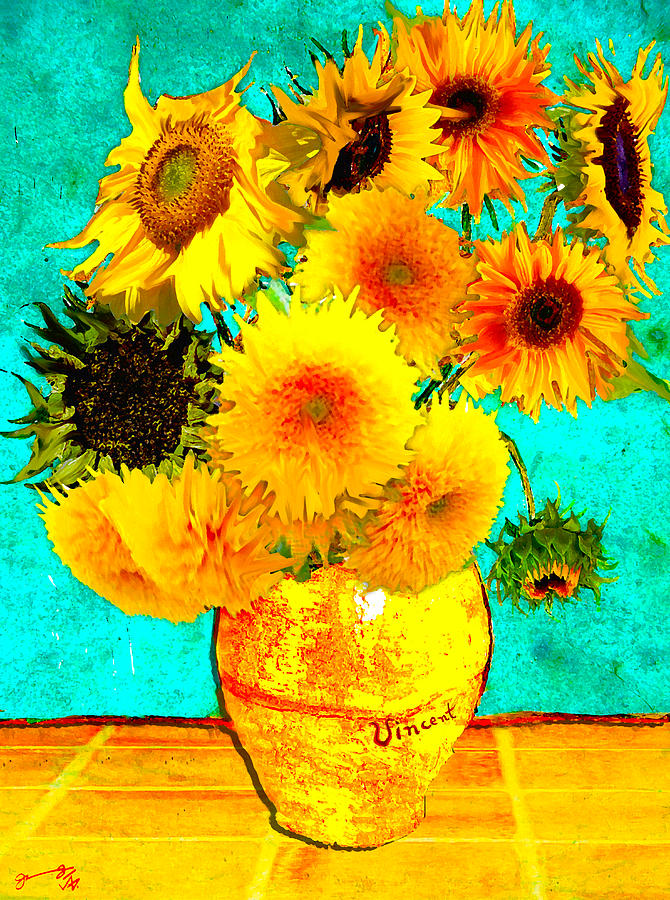Vincent Van Gogh Drawing - Vincents Sunflowers 4 by Jose A Gonzalez Jr