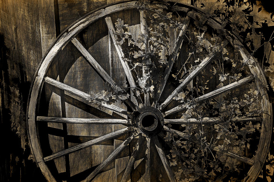 Vine Overgrown Wagon Wheel Photograph by Randall Nyhof