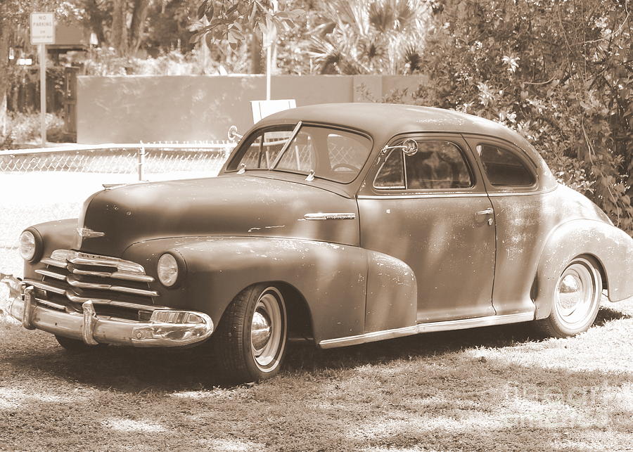 Vintage 1940 Chevrolet Coupe In Black And White Sepia Photograph