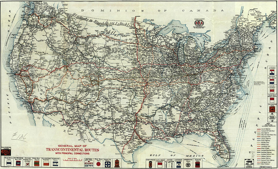 Vintage Aaa Map Of Us Transcontinental Routes - 1918 Drawing