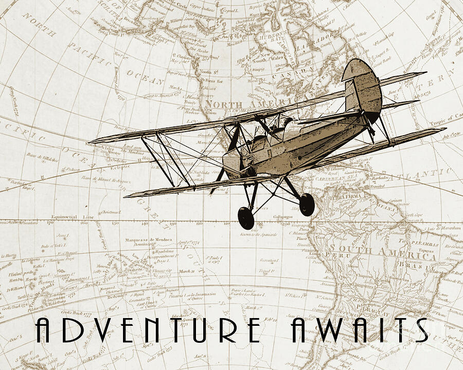 Vintage Drawing - Adventure awaits, vintage airplane by Delphimages Map Creations