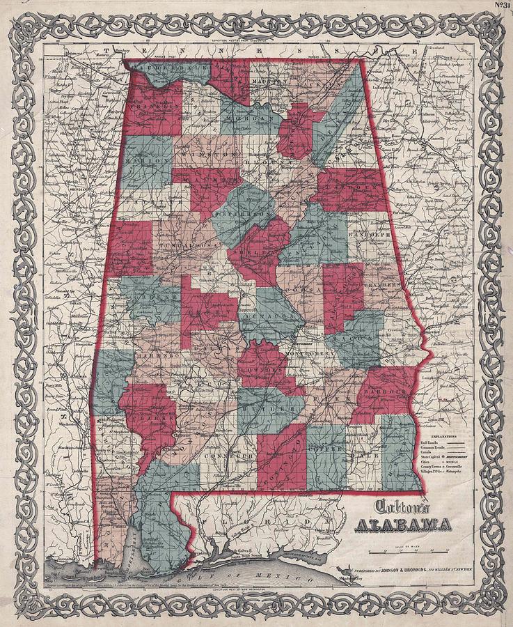 Vintage Alabama County Map - 1859 Drawing